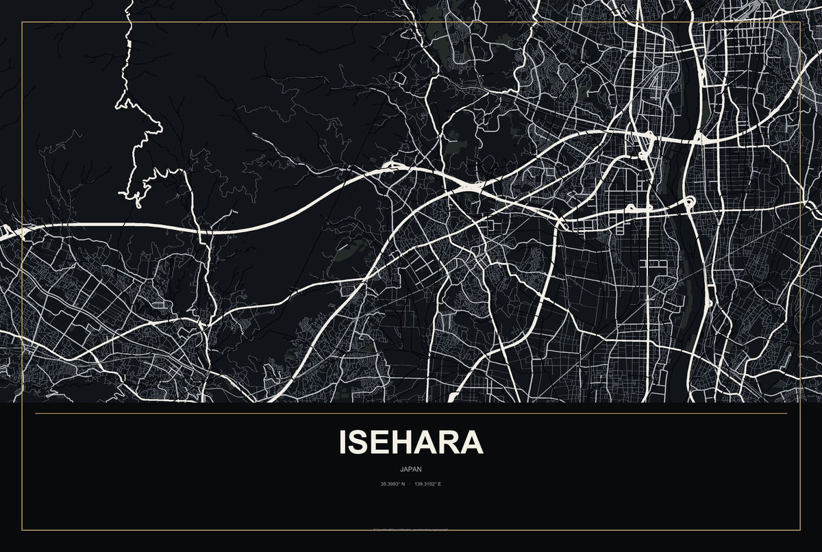 Isehara, Japan City Map Aluminum Sign in Metropolitan Noir style