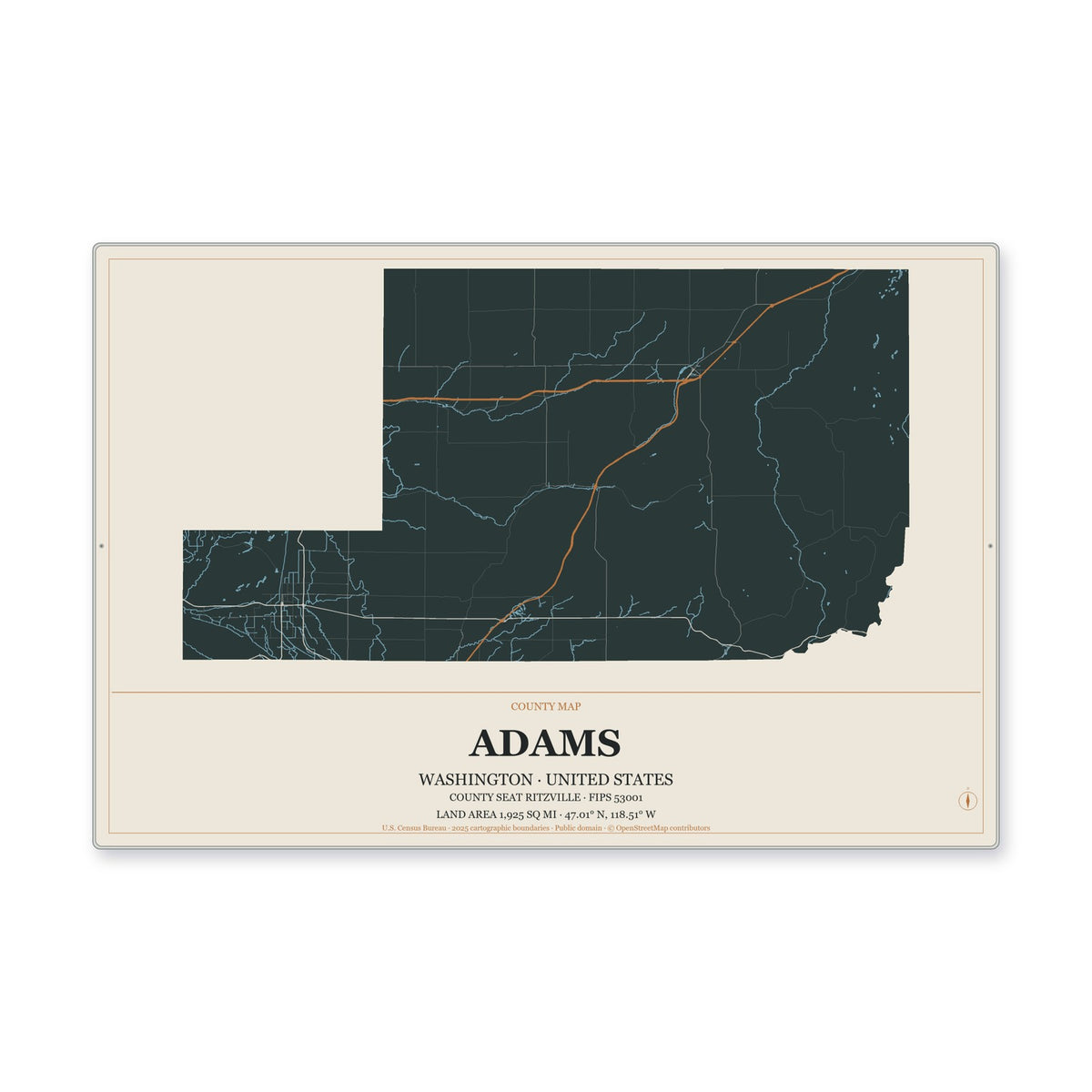 Adams County, Washington Map Aluminum Sign in Headline Atlas style