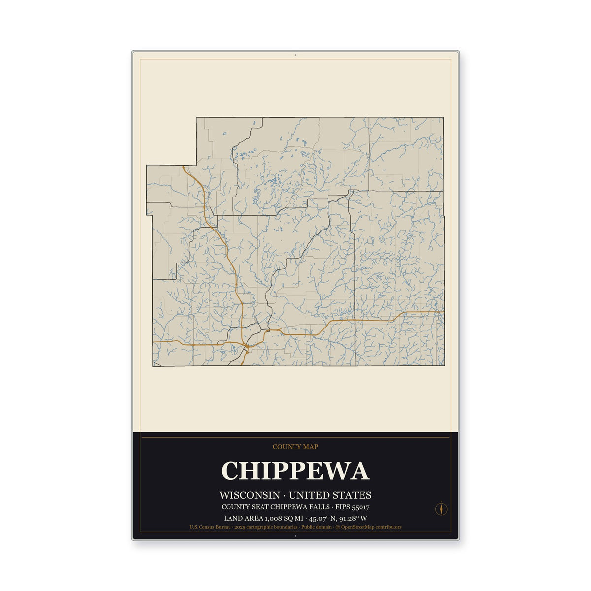 Chippewa County, Wisconsin Map Aluminum Sign in Museum Plaque style