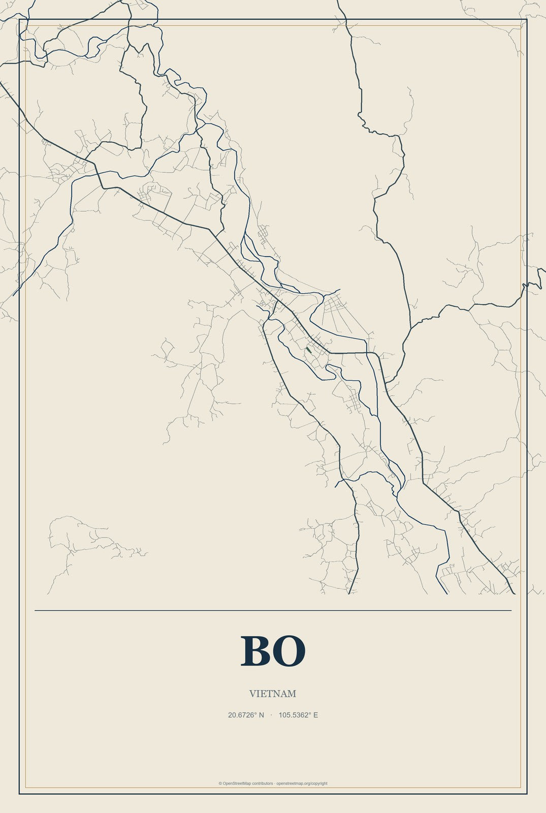 Bo, Vietnam City Map Aluminum Sign in Coastal Cutout style