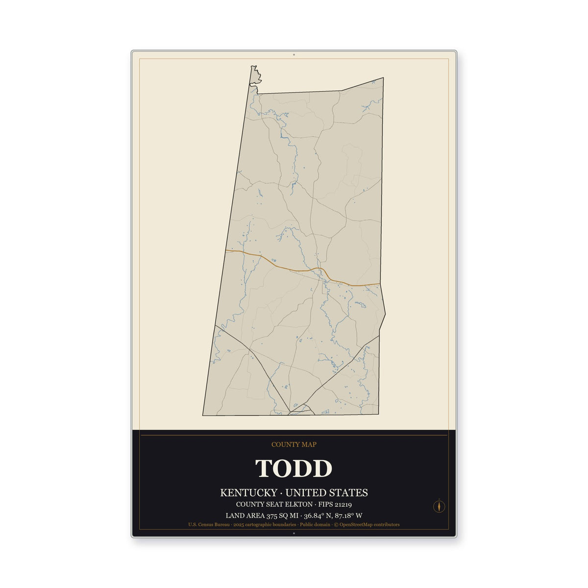 Todd County, Kentucky Map Aluminum Sign in Museum Plaque style