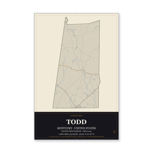 Todd County, Kentucky Map Aluminum Sign in Museum Plaque style