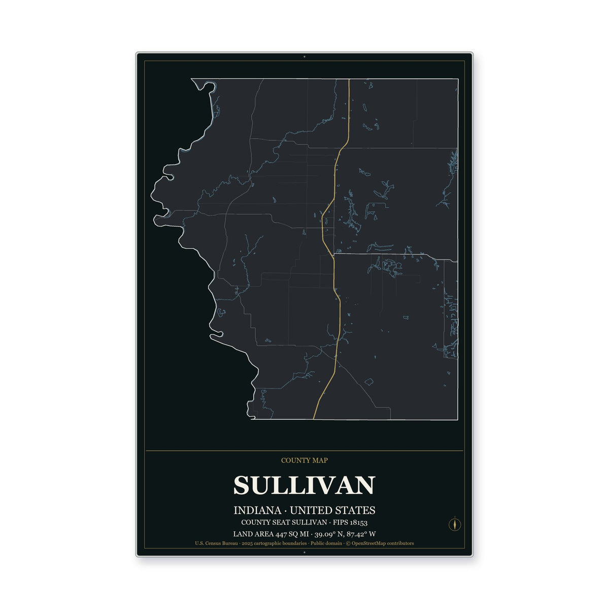 Sullivan County, Indiana Map Aluminum Sign in Metropolitan Noir style