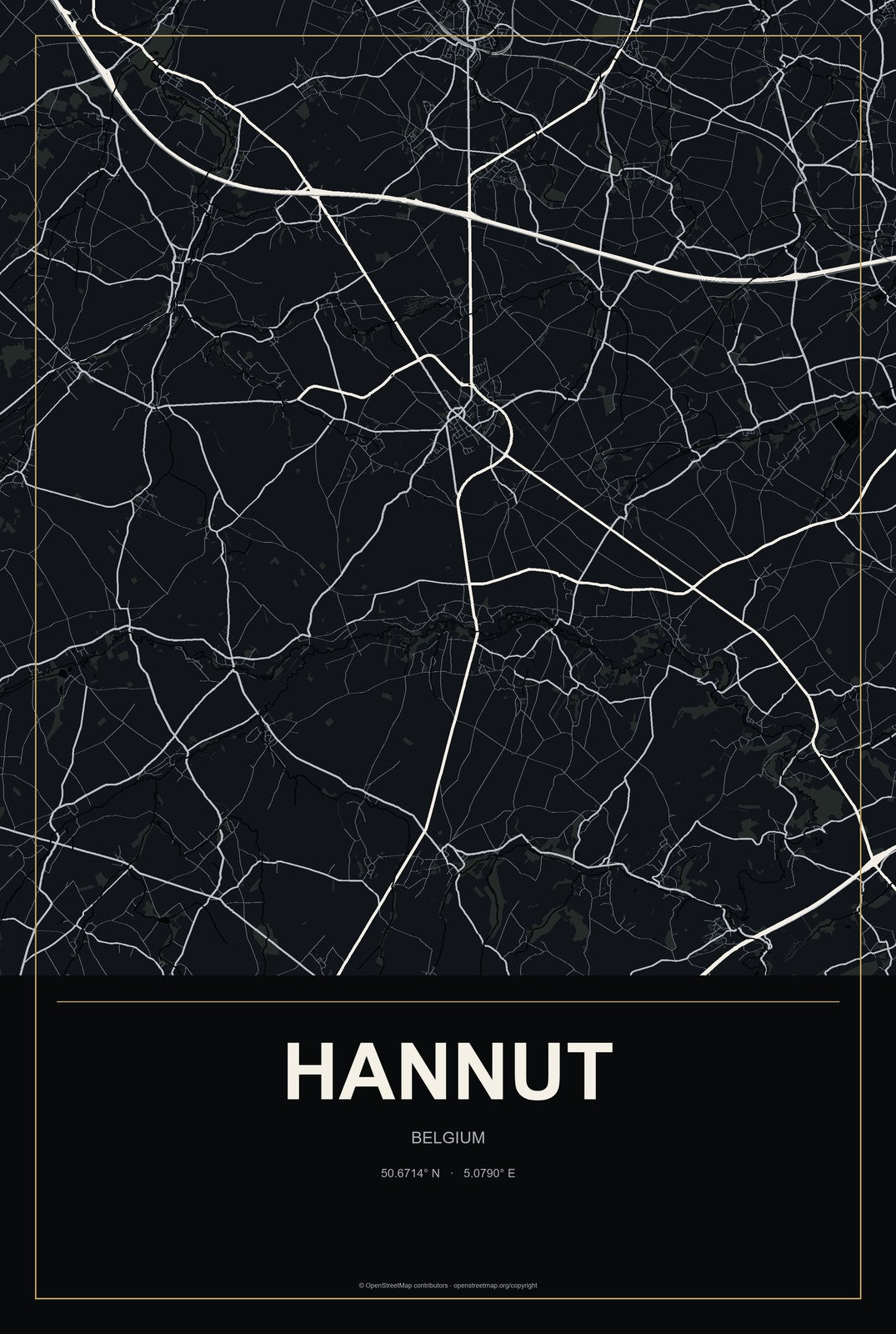 Hannut, Belgium City Map Aluminum Sign in Metropolitan Noir style