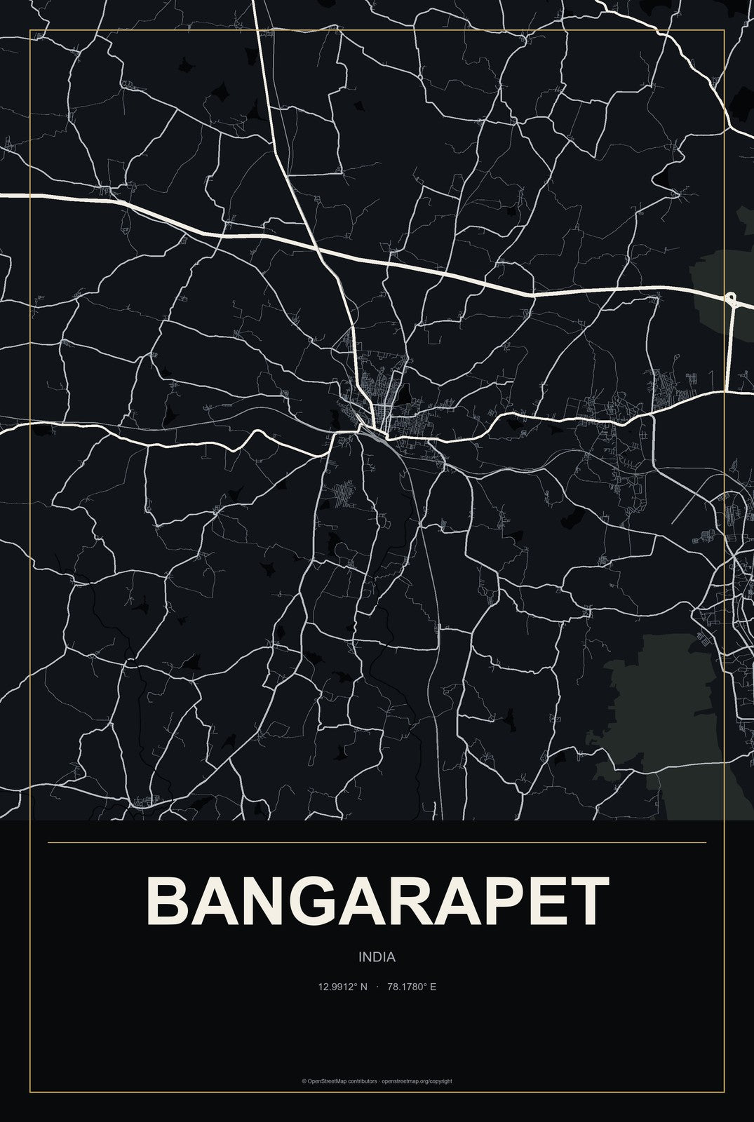 Bangarapet, India City Map Aluminum Sign in Metropolitan Noir style