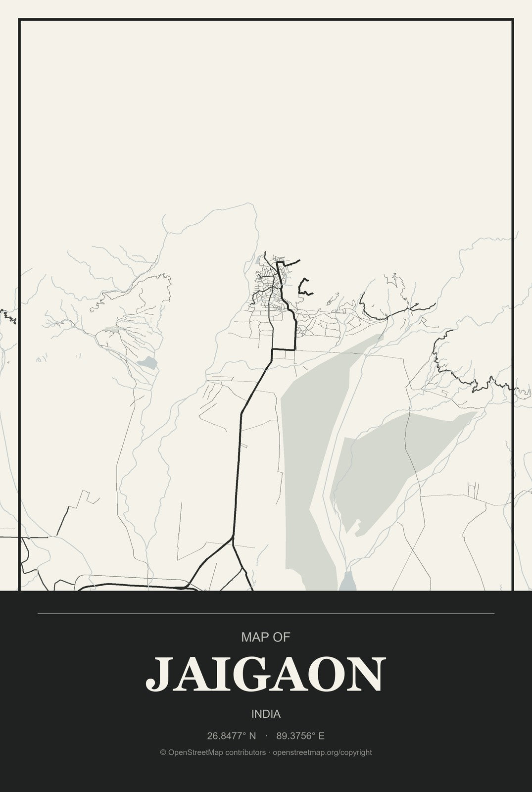 Jaigaon, India City Map Aluminum Sign in Museum Plaque style