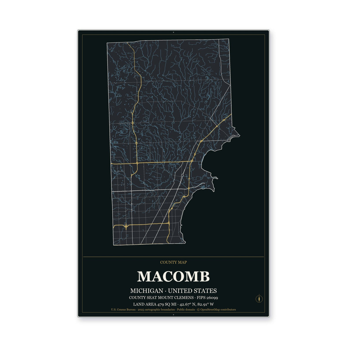 Macomb County, Michigan Map Aluminum Sign in Metropolitan Noir style