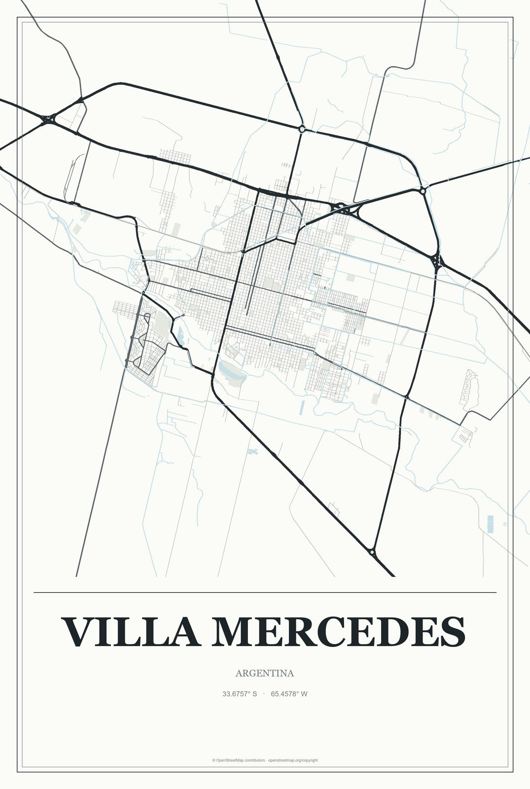 Villa Mercedes, Argentina City Map Aluminum Sign in Gallery Air style