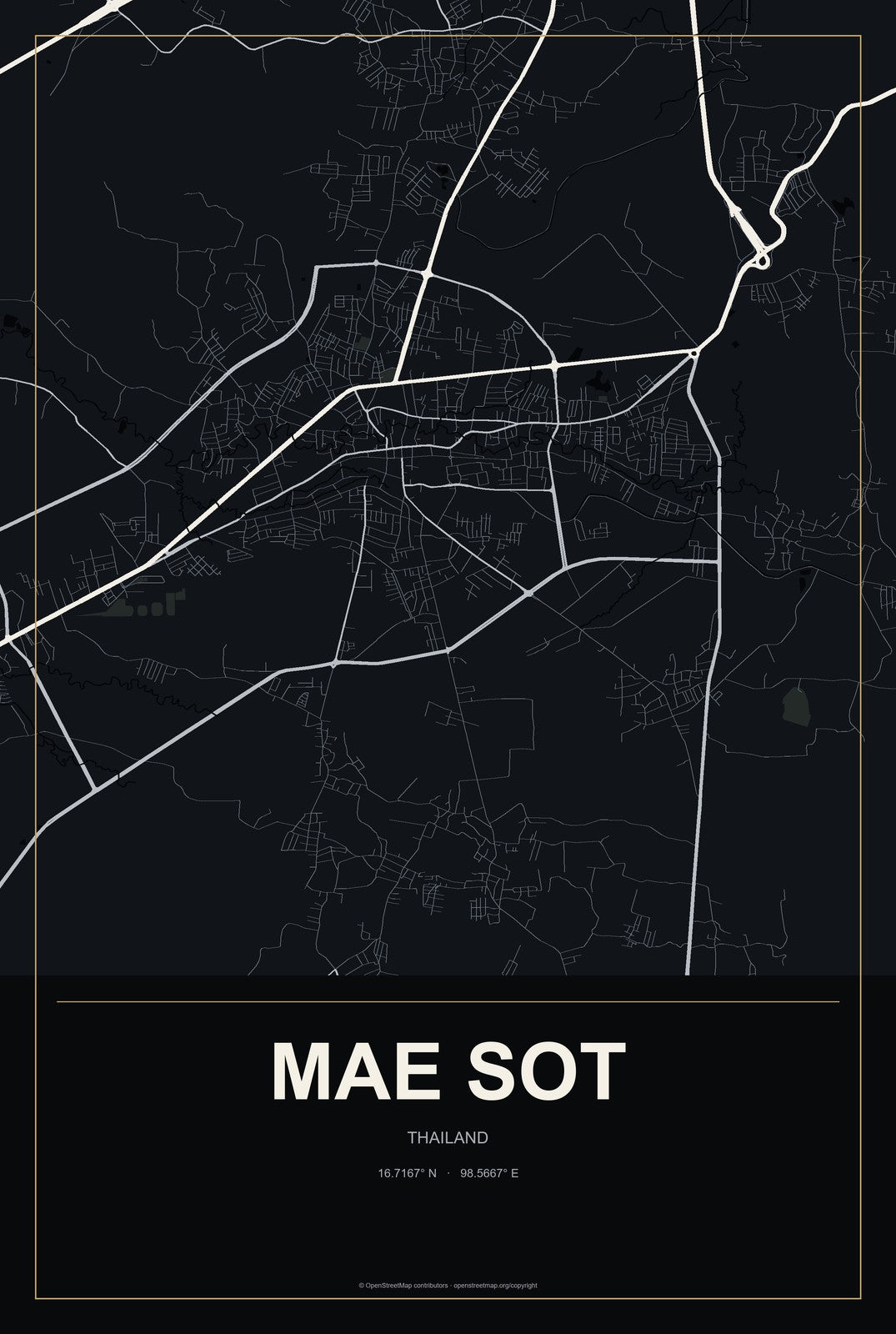 Mae Sot, Thailand City Map Aluminum Sign in Metropolitan Noir style