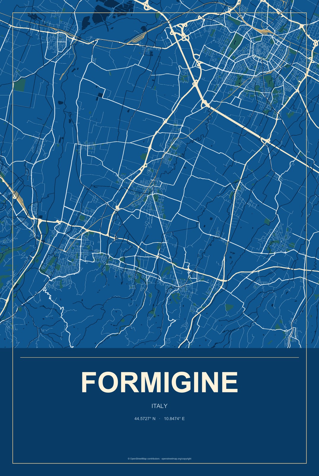 Formigine, Italy City Map Aluminum Sign in Harbor Cobalt style