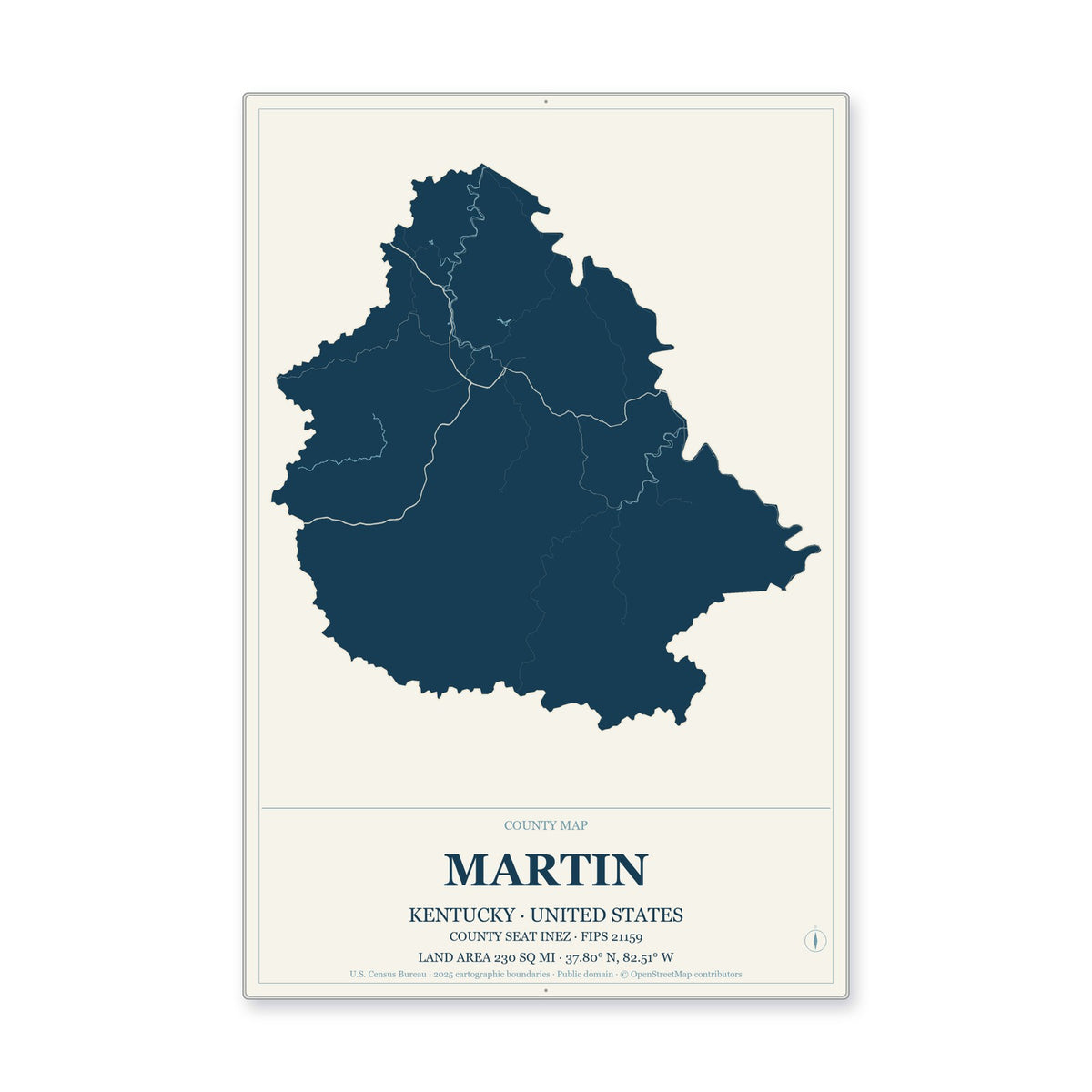 Martin County, Kentucky Map Aluminum Sign in Coastal Cutout style