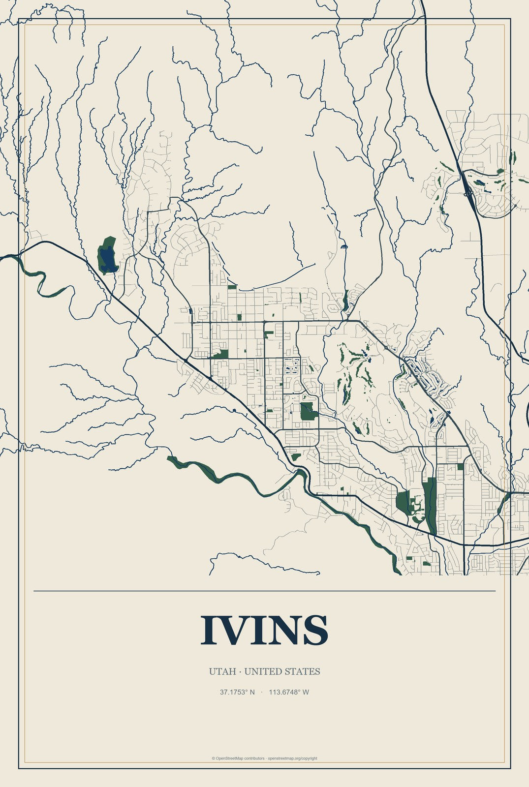 Ivins, Utah City Map Aluminum Sign in Coastal Cutout style