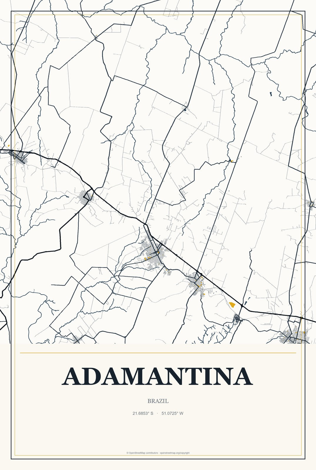 Adamantina, Brazil City Map Aluminum Sign in Citrine Modern style