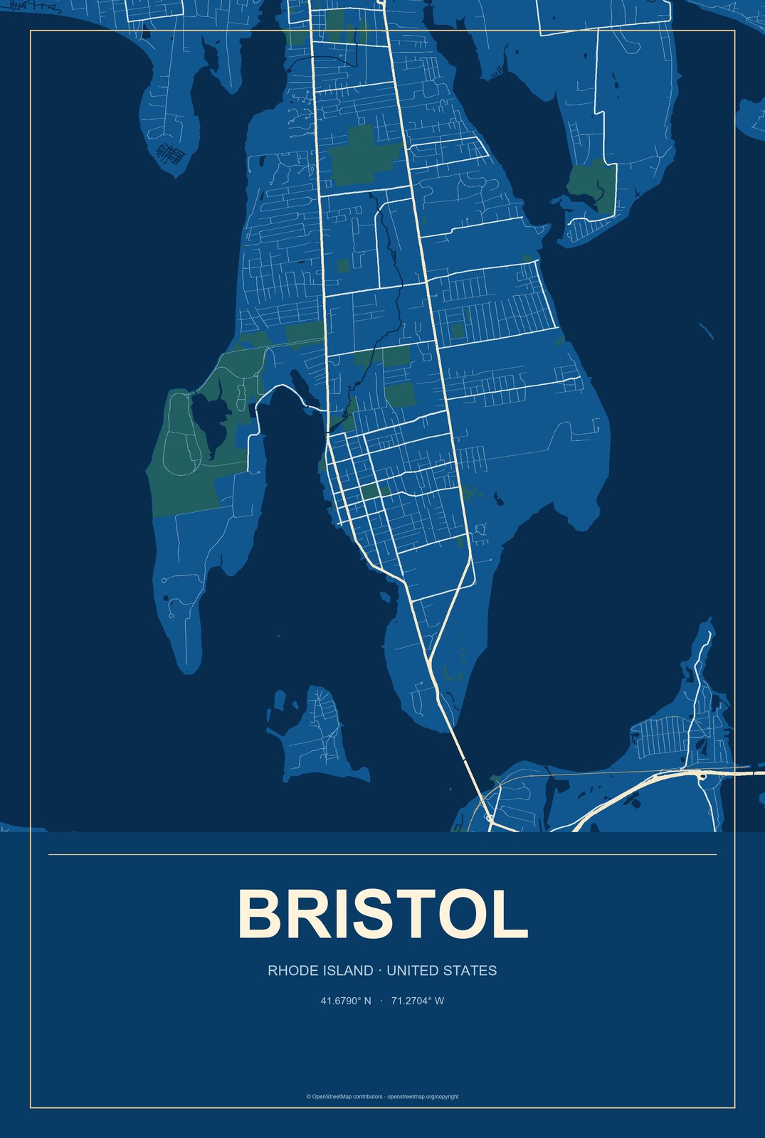 Bristol, Rhode Island City Map Aluminum Sign in Harbor Cobalt style