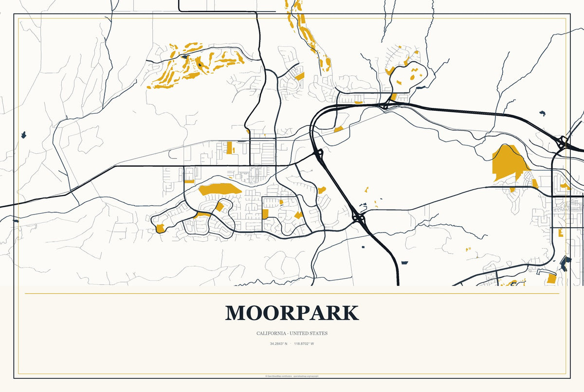 Moorpark, California City Map Aluminum Sign in Citrine Modern style