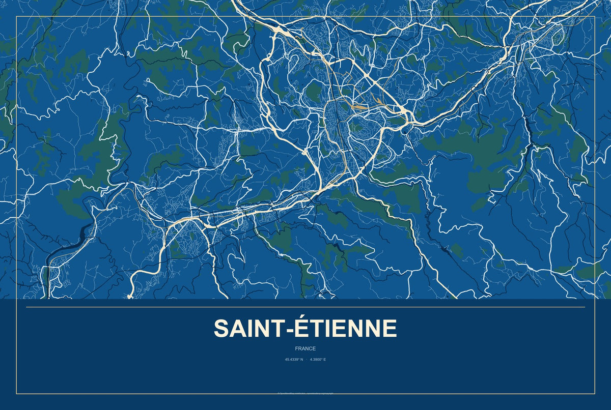 Saint-Étienne, France City Map Aluminum Sign in Harbor Cobalt style
