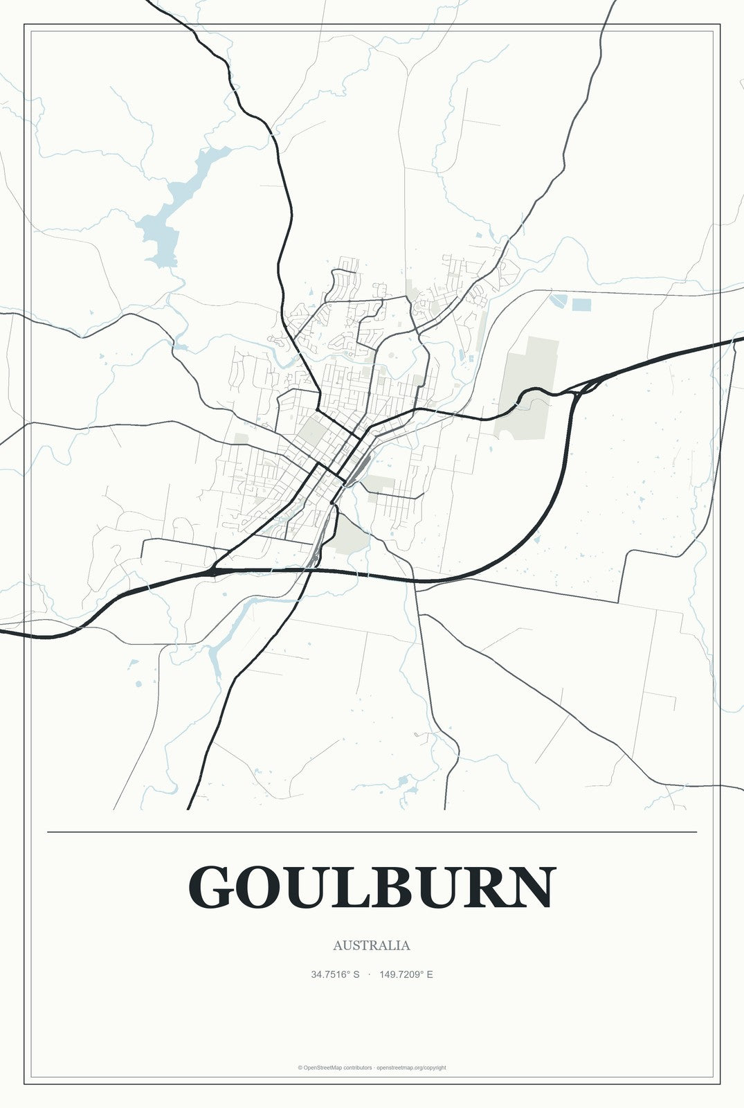 Goulburn, Australia City Map Aluminum Sign in Gallery Air style