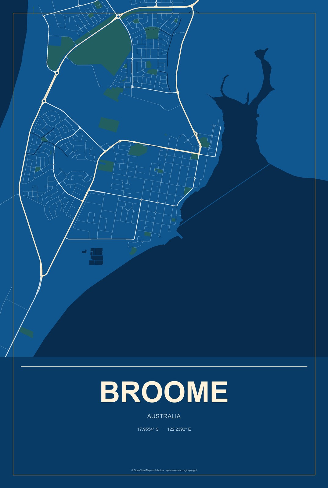 Broome, Australia City Map Aluminum Sign in Harbor Cobalt style