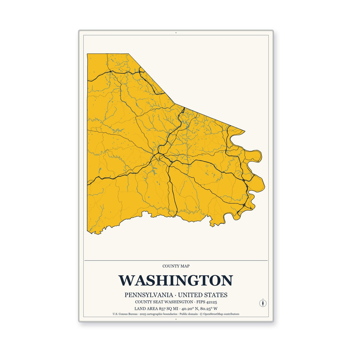 Washington County, Pennsylvania Map Aluminum Sign in Citrine Modern style