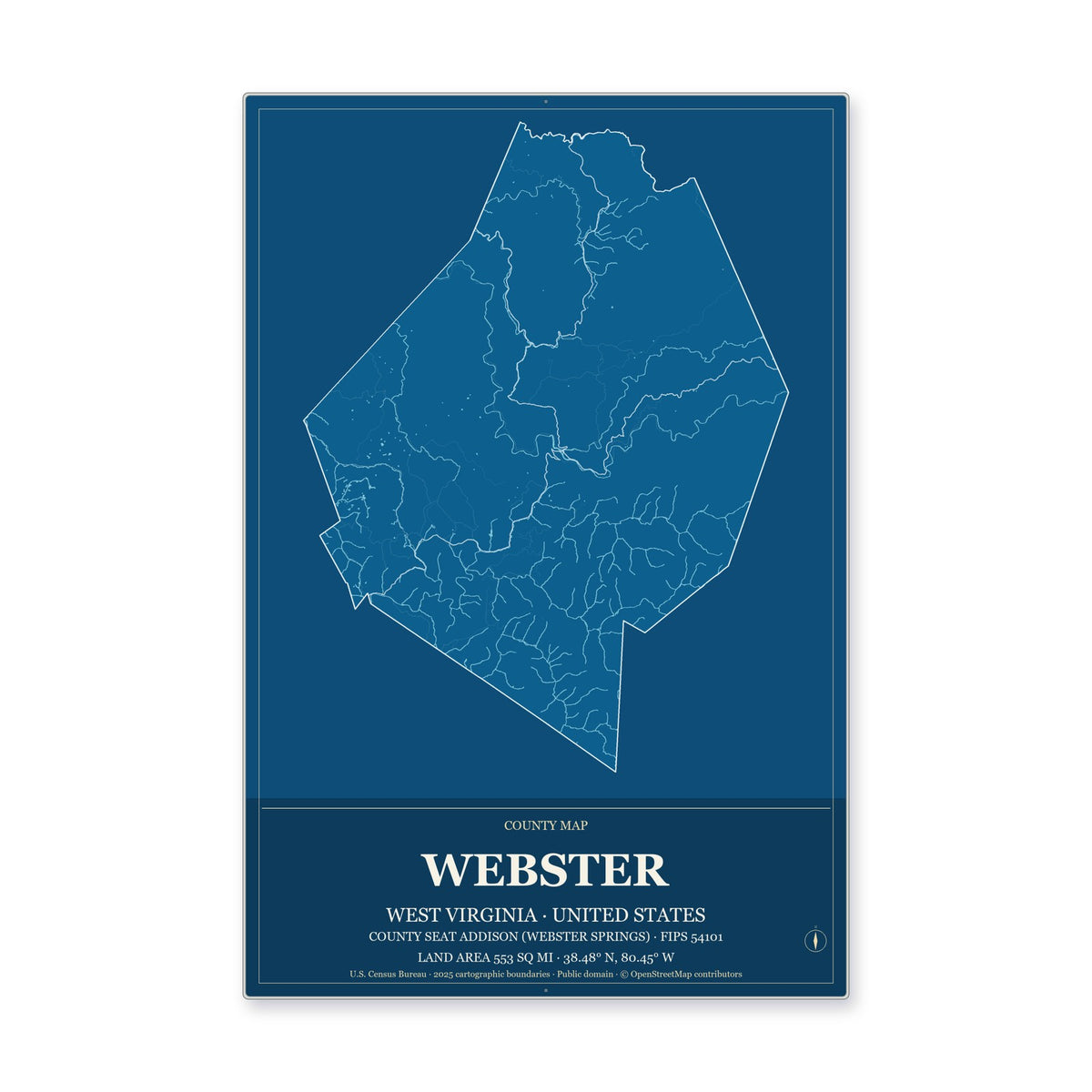 Webster County, West Virginia Map Aluminum Sign in Harbor Cobalt style