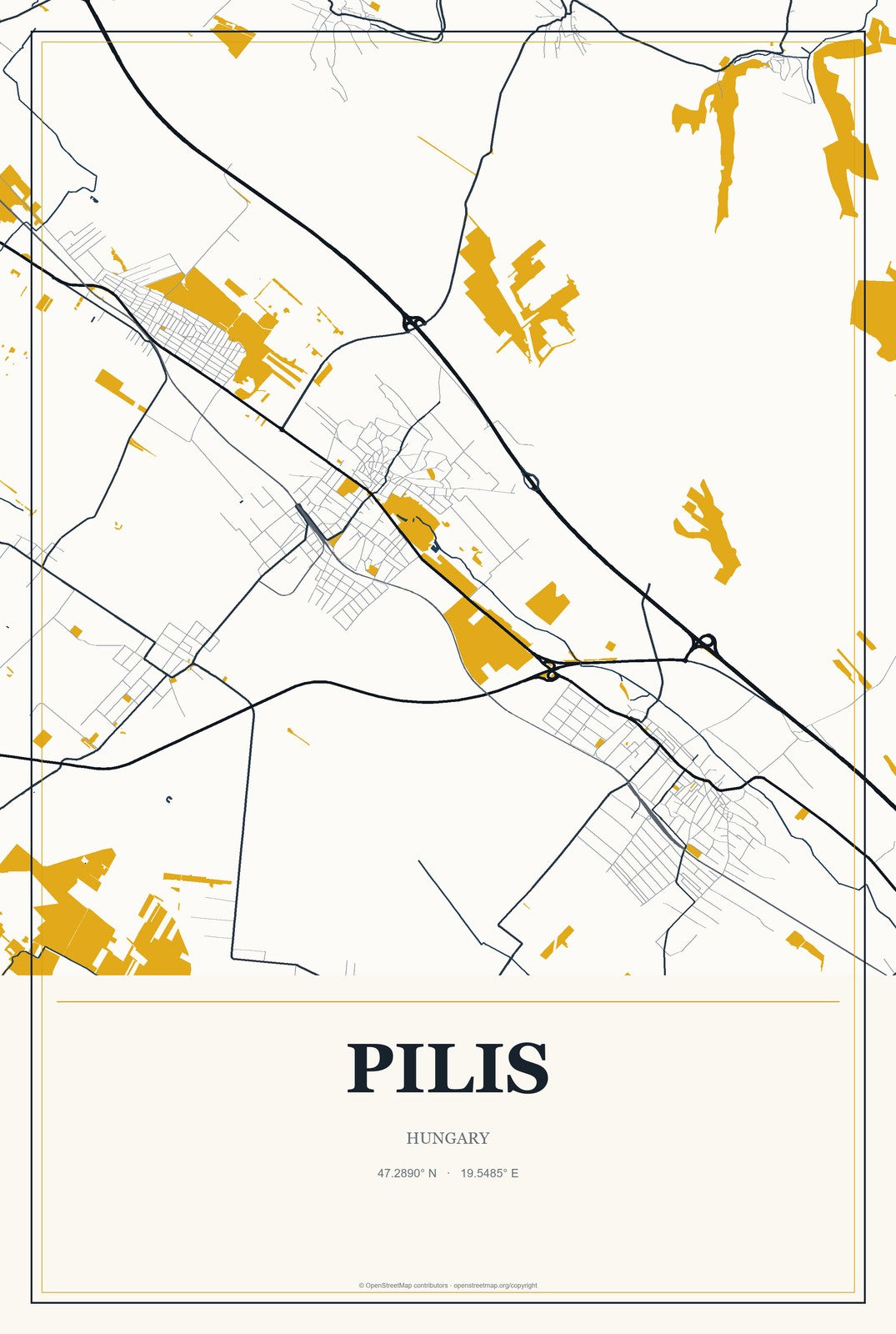 Pilis, Hungary City Map Aluminum Sign in Citrine Modern style