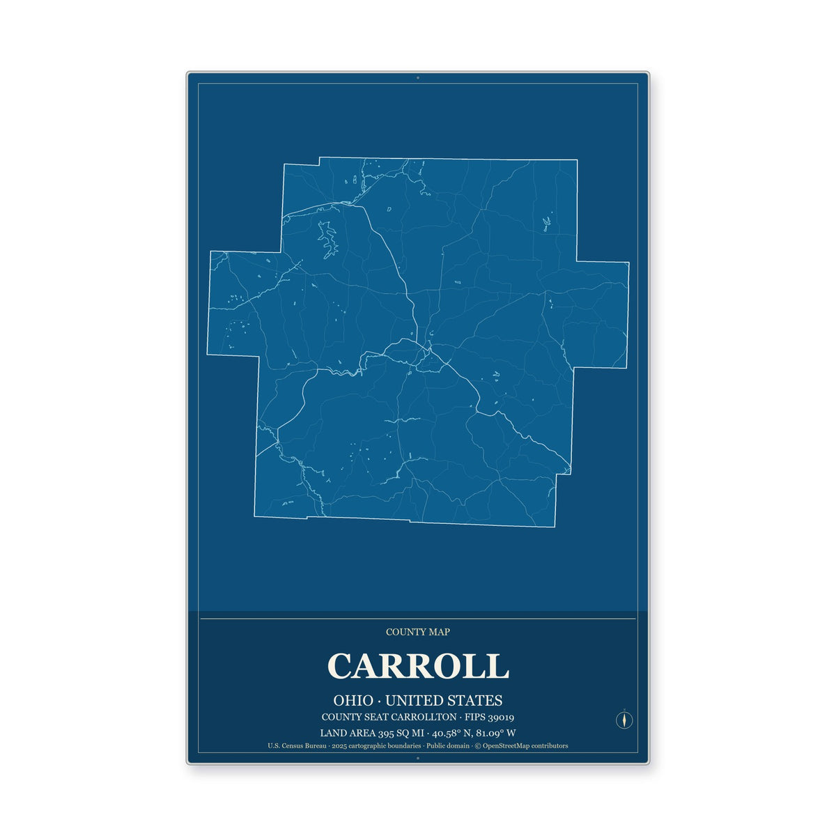 Carroll County, Ohio Map Aluminum Sign in Harbor Cobalt style
