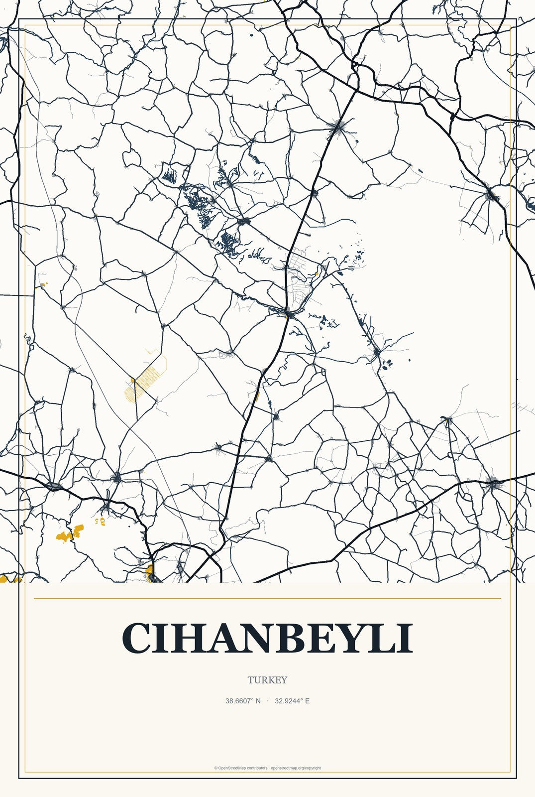 Cihanbeyli, Turkey City Map Aluminum Sign in Citrine Modern style