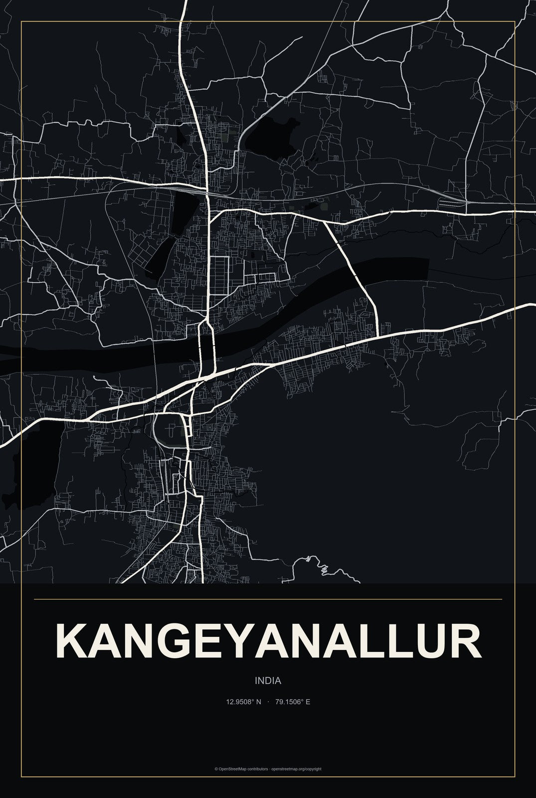 Kangeyanallur, India City Map Aluminum Sign in Metropolitan Noir style