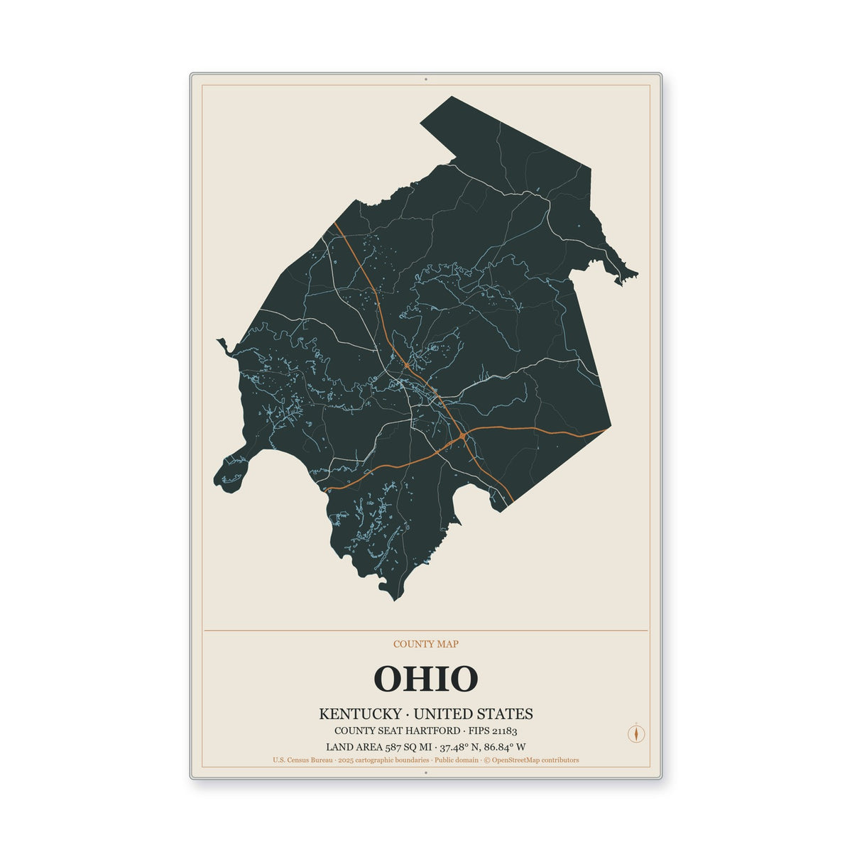 Ohio County, Kentucky Map Aluminum Sign in Headline Atlas style