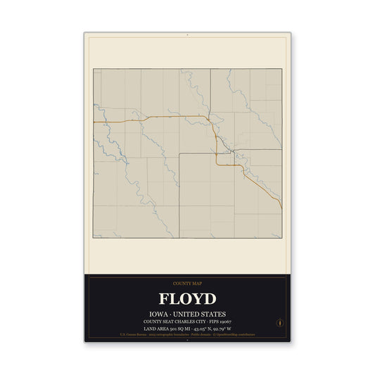 Floyd County, Iowa Map Aluminum Sign in Museum Plaque style
