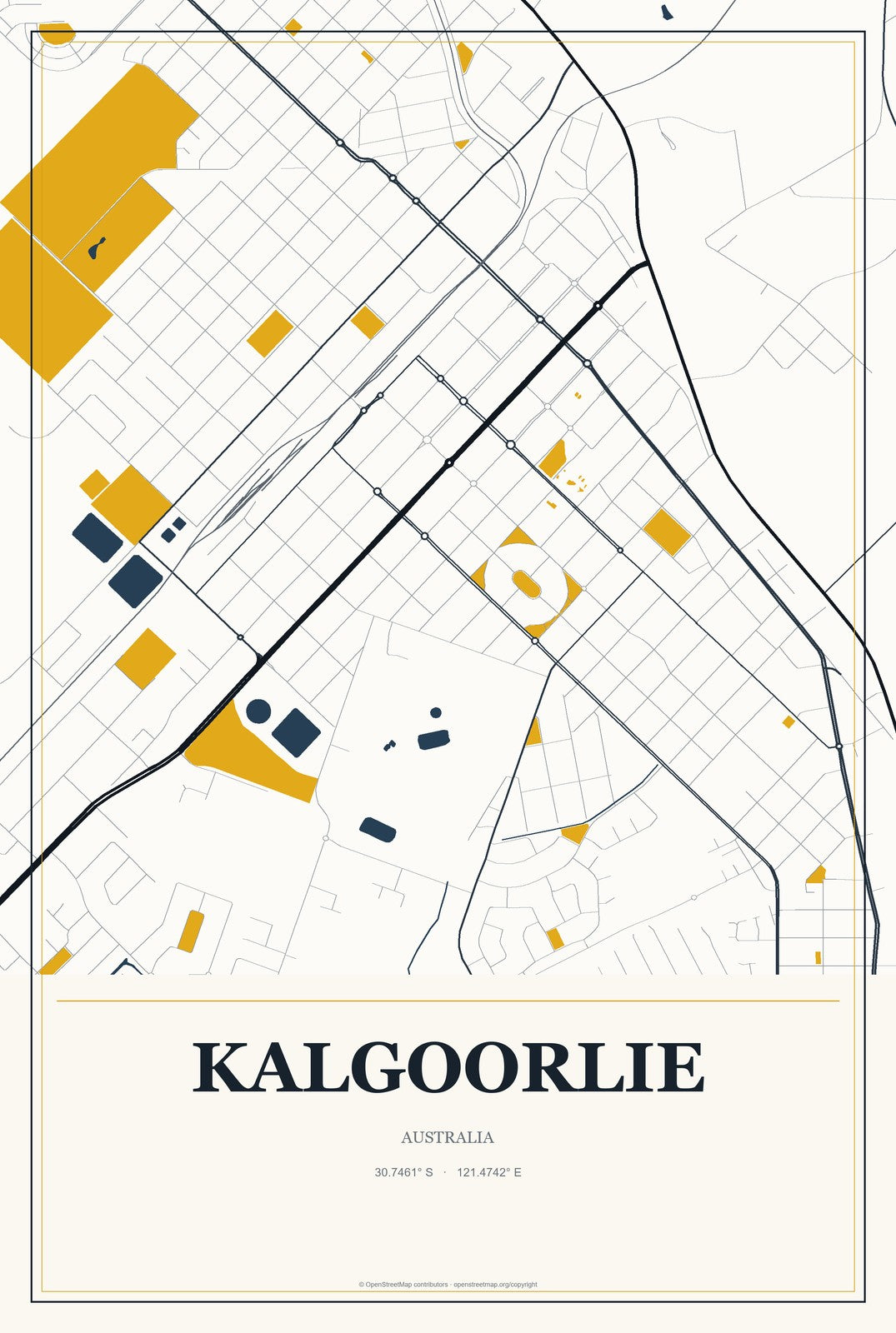 Kalgoorlie, Australia City Map Aluminum Sign in Citrine Modern style