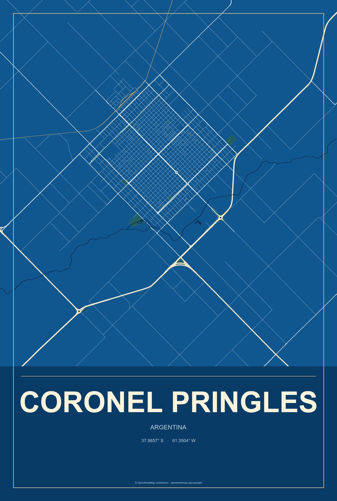 Coronel Pringles, Argentina City Map Aluminum Sign in Harbor Cobalt style