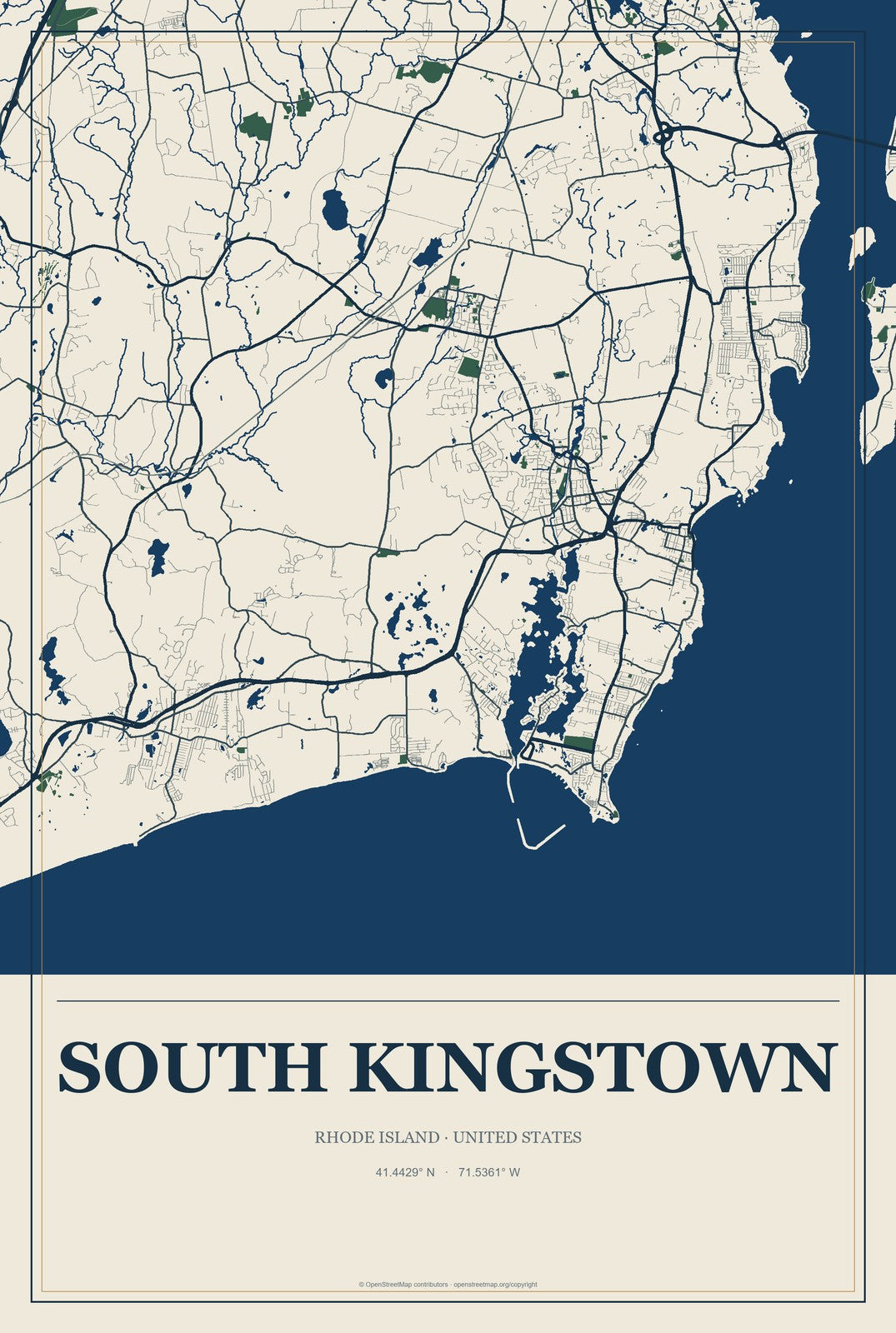 South Kingstown, Rhode Island City Map Aluminum Sign in Coastal Cutout style