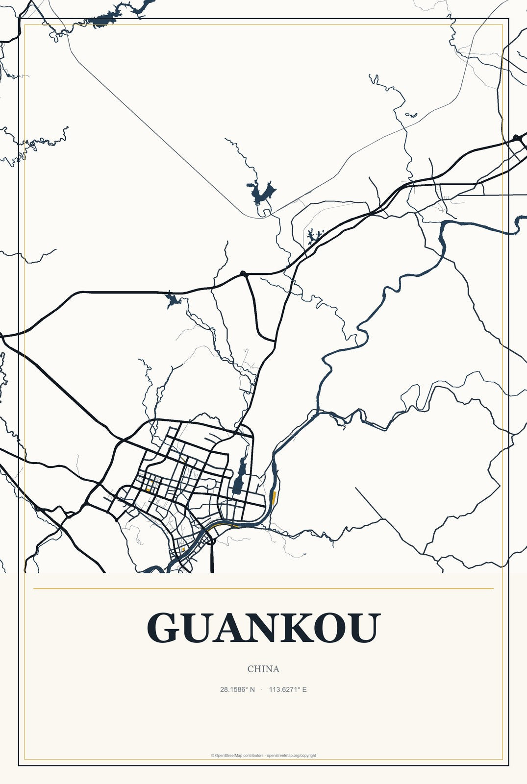 Guankou, China City Map Aluminum Sign in Citrine Modern style