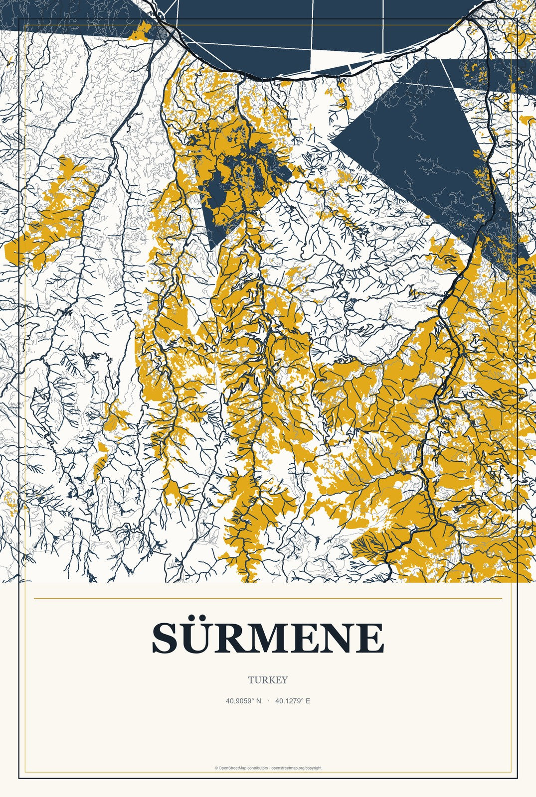 Sürmene, Turkey City Map Aluminum Sign in Citrine Modern style