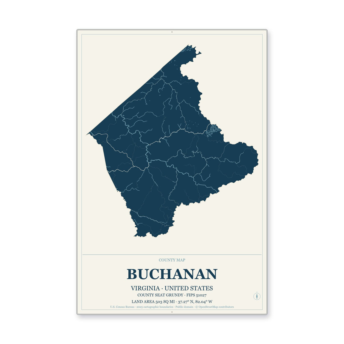 Buchanan County, Virginia Map Aluminum Sign in Coastal Cutout style