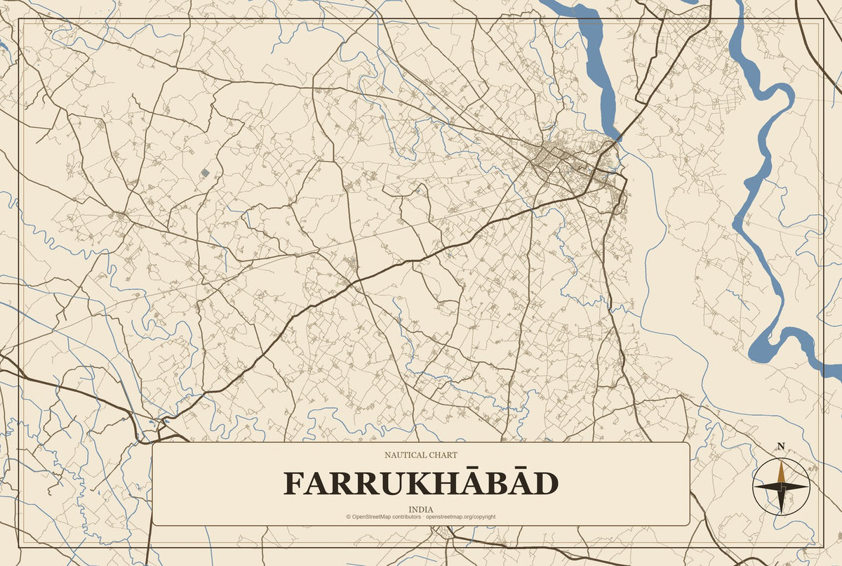 Farrukhābād, India City Map Aluminum Sign in Heritage Nautical style