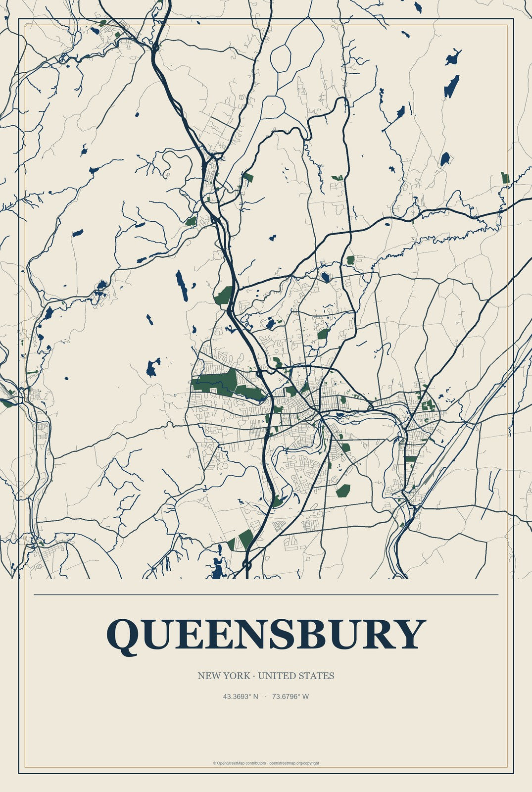 Queensbury, New York City Map Aluminum Sign in Coastal Cutout style