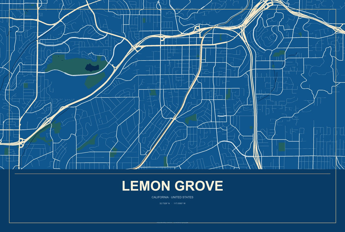 Lemon Grove, California City Map Aluminum Sign in Harbor Cobalt style