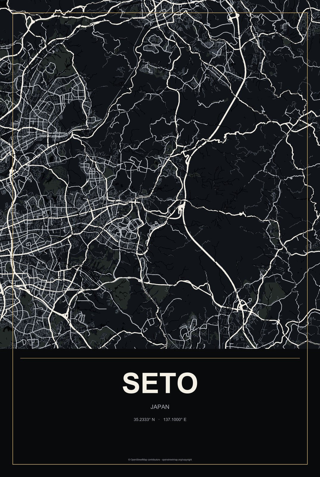 Seto, Japan City Map Aluminum Sign in Metropolitan Noir style