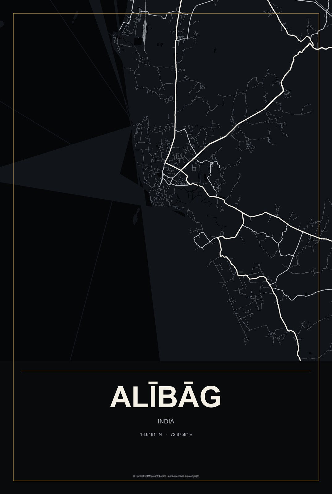 Alībāg, India City Map Aluminum Sign in Metropolitan Noir style