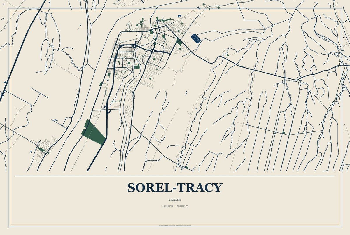Sorel-Tracy, Canada City Map Aluminum Sign in Coastal Cutout style