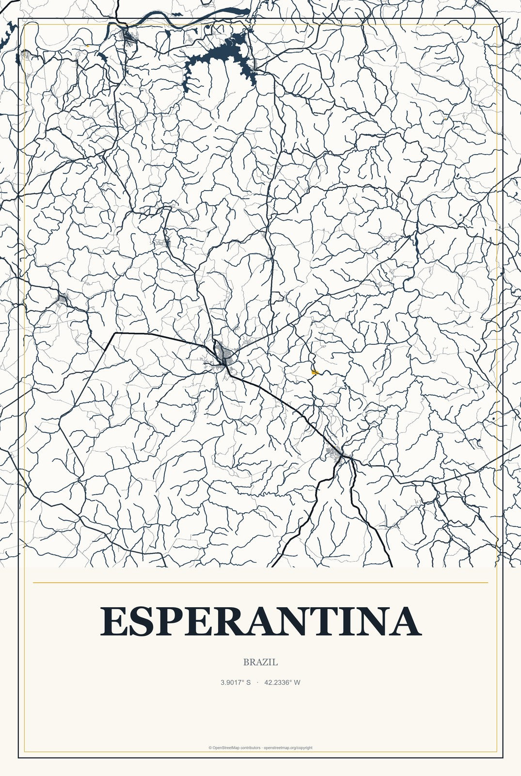 Esperantina, Brazil City Map Aluminum Sign in Citrine Modern style