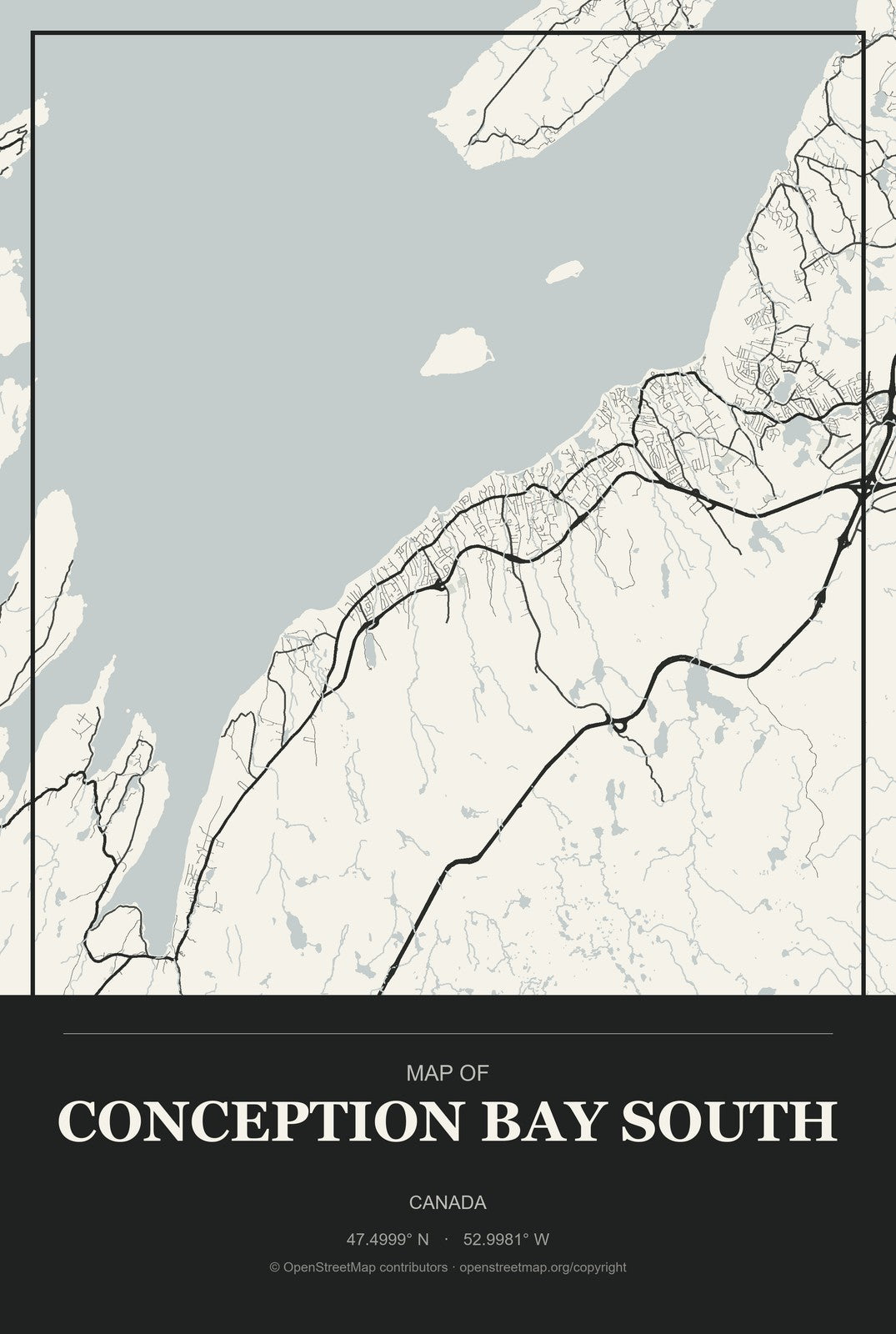 Conception Bay South, Canada City Map Aluminum Sign in Museum Plaque style
