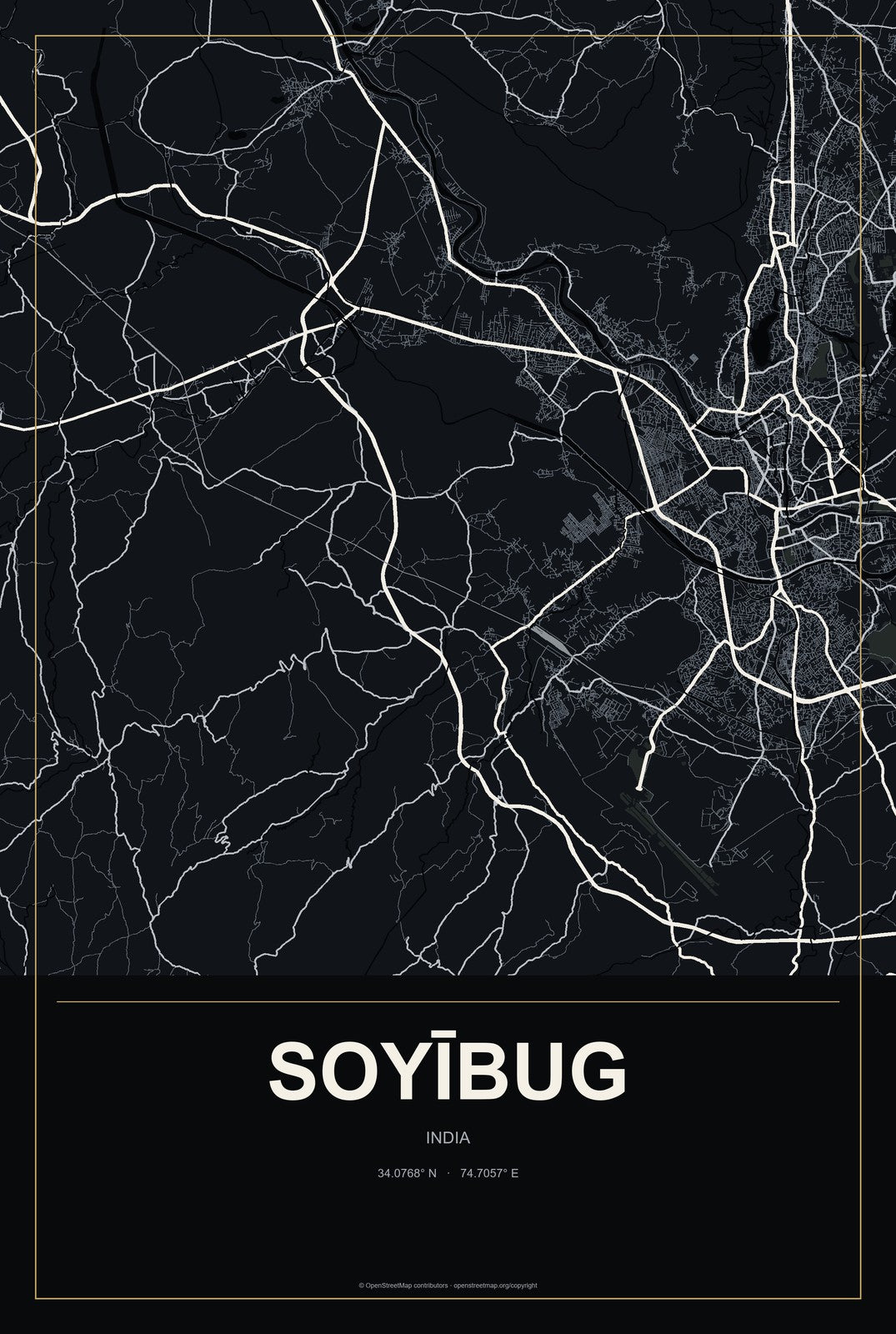 Soyībug, India City Map Aluminum Sign in Metropolitan Noir style