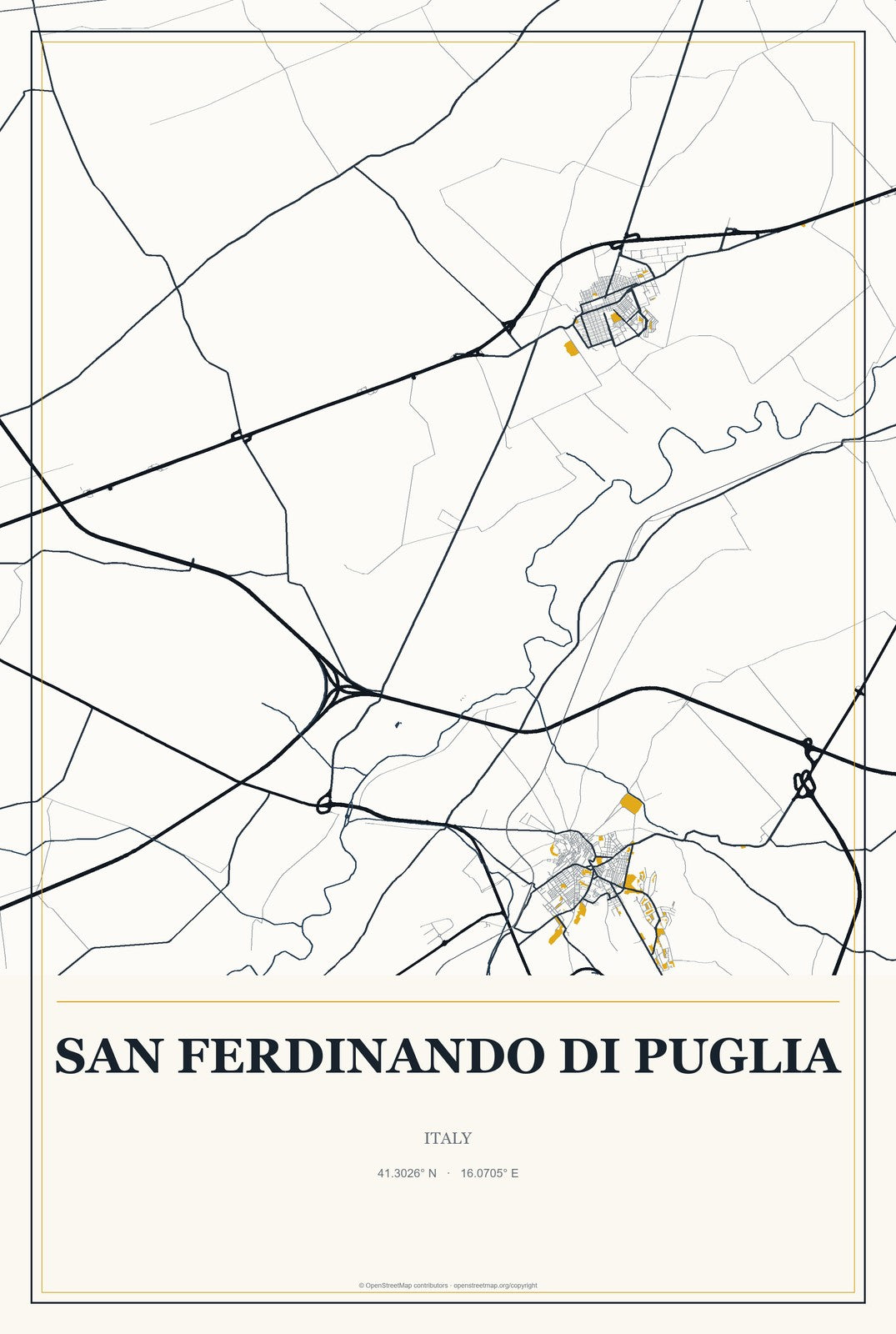San Ferdinando di Puglia, Italy City Map Aluminum Sign in Citrine Modern style