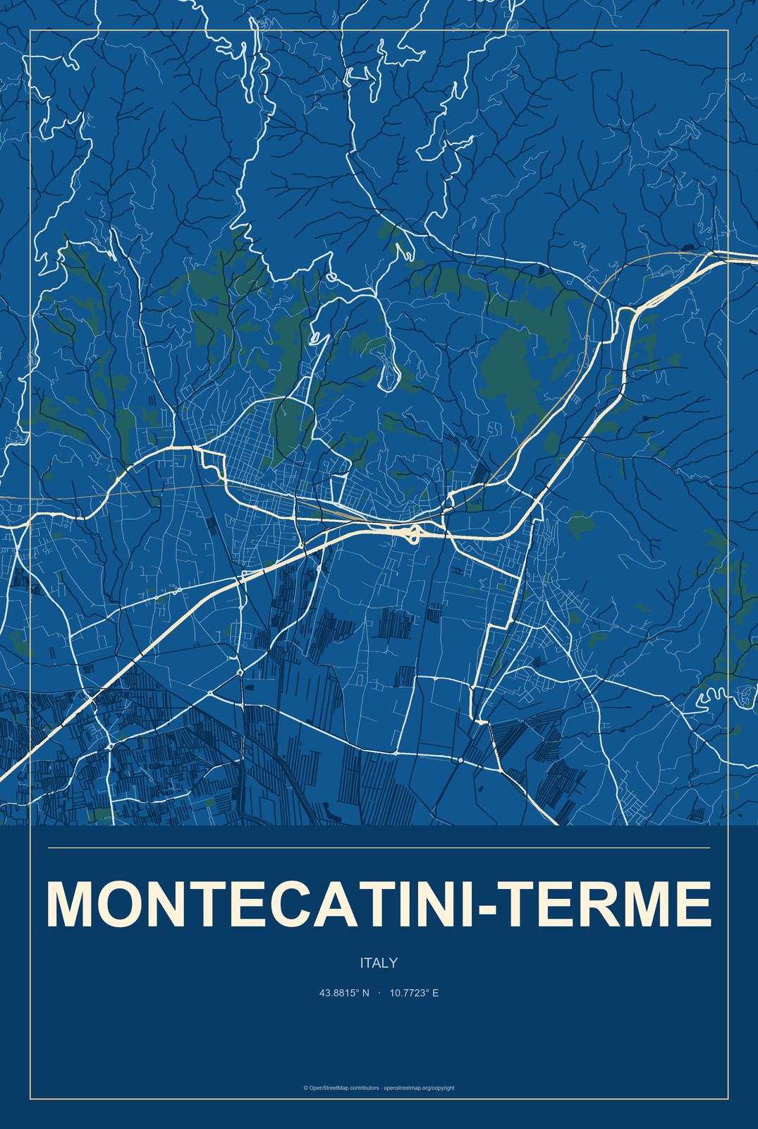 Montecatini-Terme, Italy City Map Aluminum Sign in Harbor Cobalt style