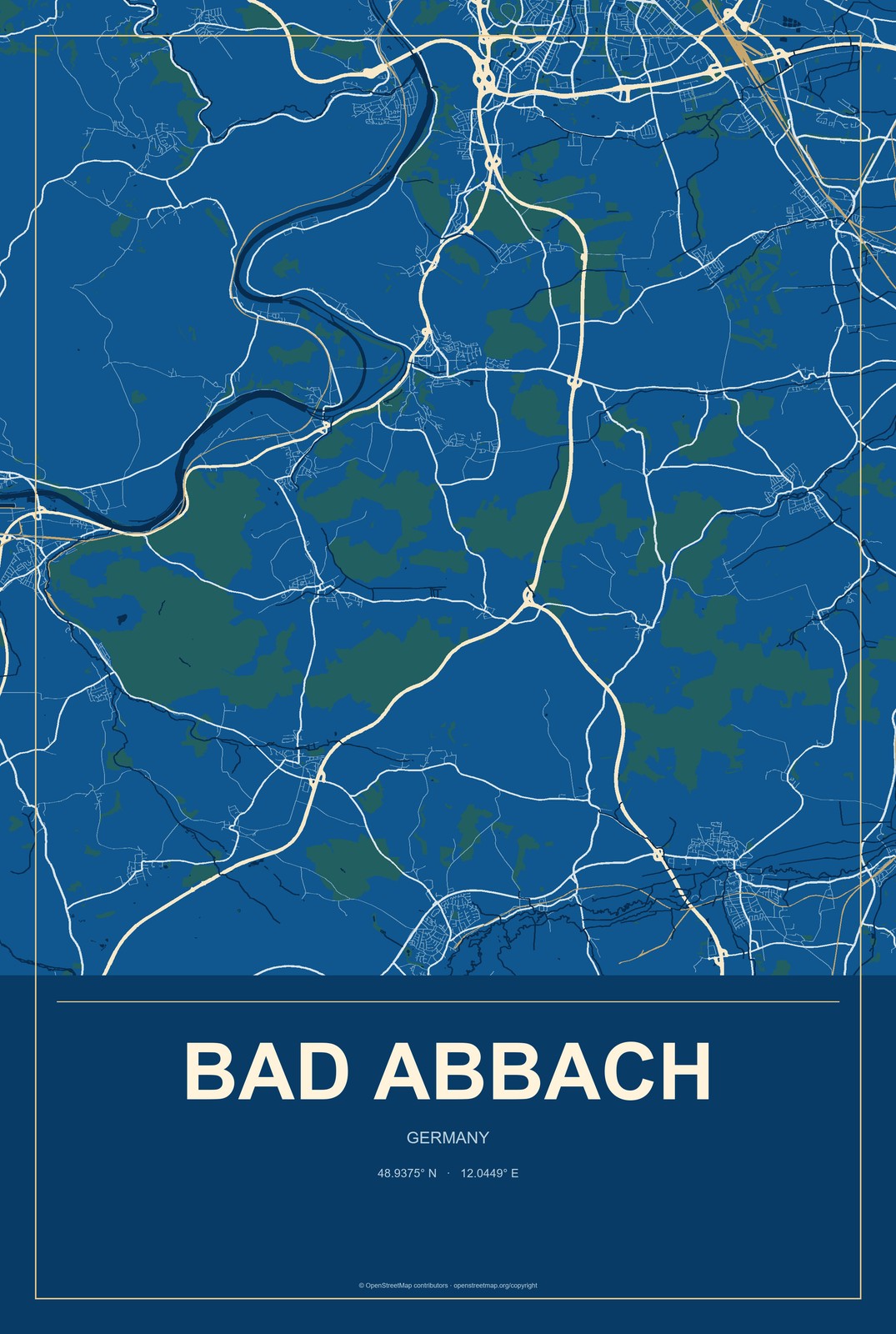 Bad Abbach, Germany City Map Aluminum Sign in Harbor Cobalt style