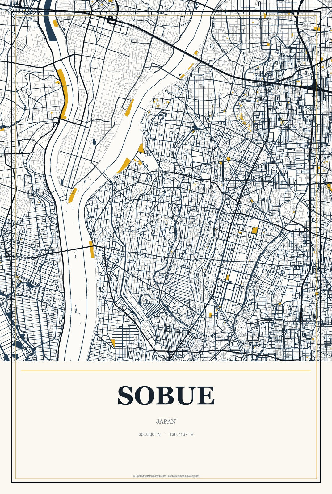 Sobue, Japan City Map Aluminum Sign in Citrine Modern style