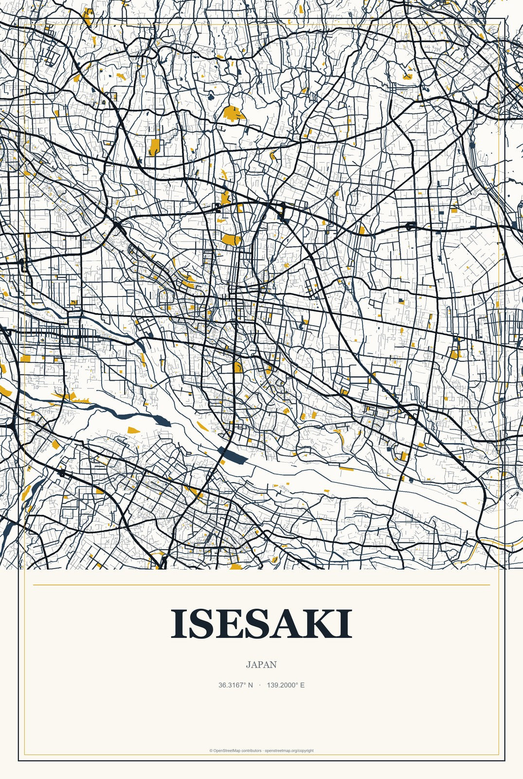 Isesaki, Japan City Map Aluminum Sign in Citrine Modern style